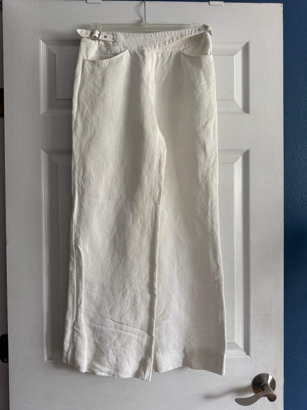 Armani white Wide-Leg Linen Blend Pants with adjustable buckle waist